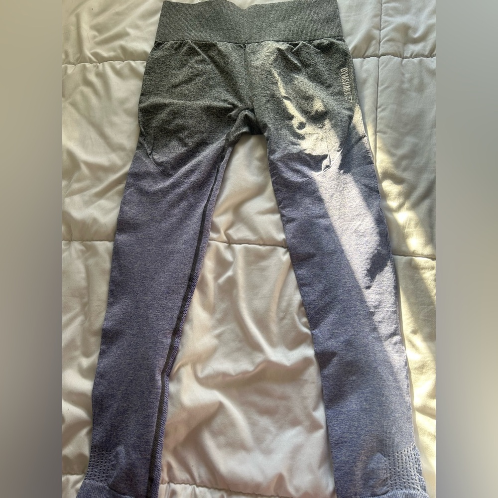 2 pair of Gymshark Two-Tone Gray Leggings and purple